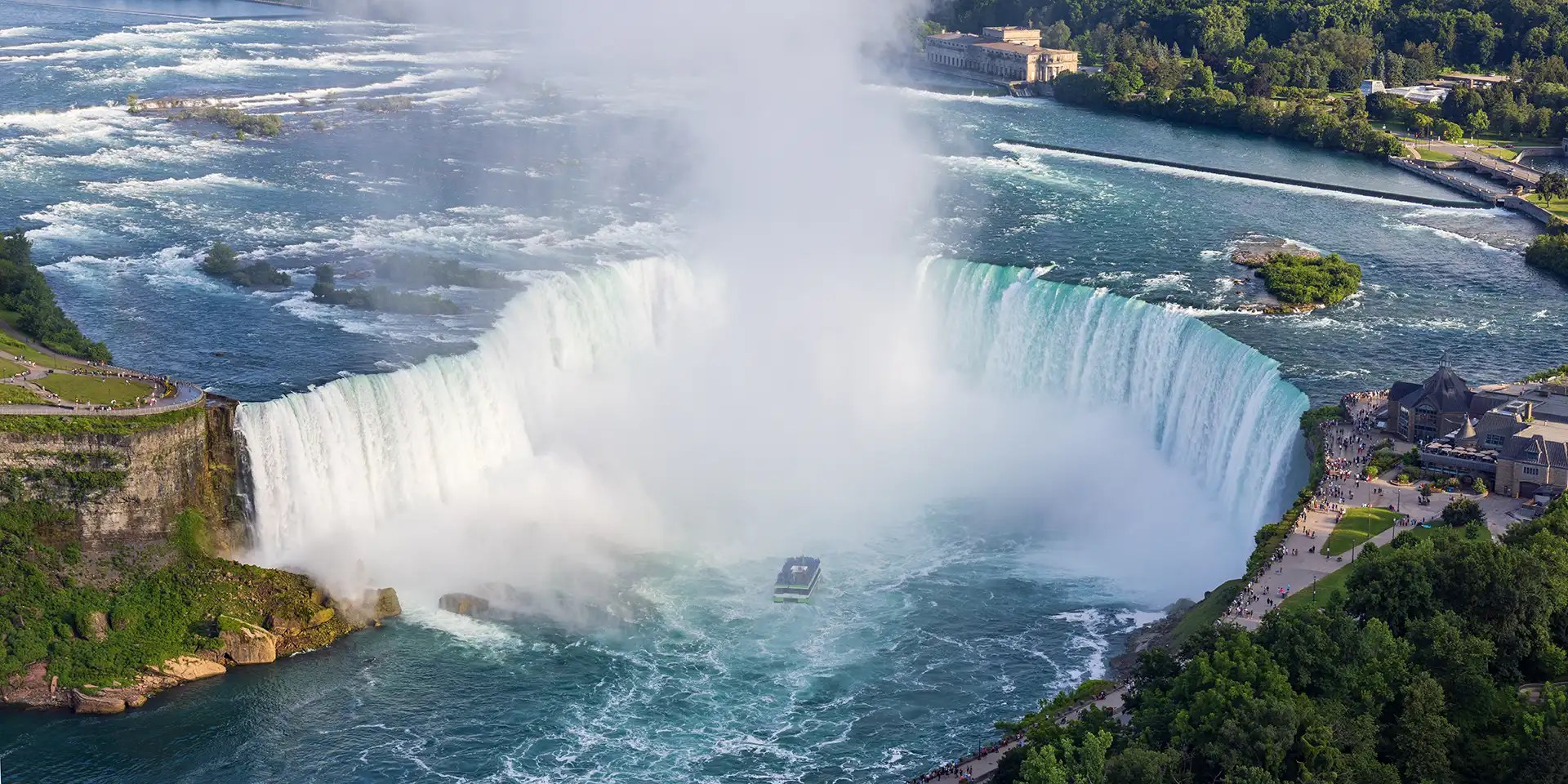 Aufnahme aus großer Höhe und Nahaufnahme der Horseshoe Falls in Niagara Falls, Kanada, während sich ein Ausflugsboot den Wasserfällen nähert